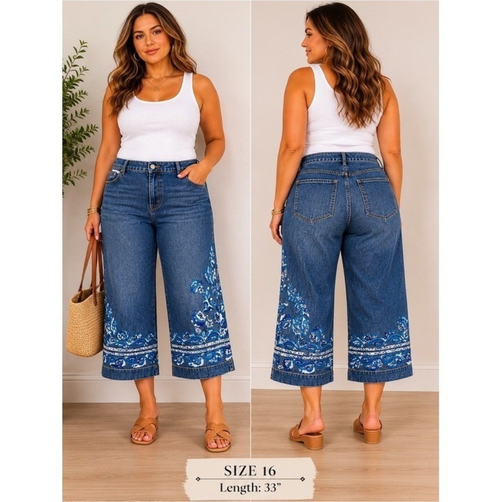 Chico's 2 Design Embroidered Wide Leg Capri Cropped Jeans Whimsical US 12/14